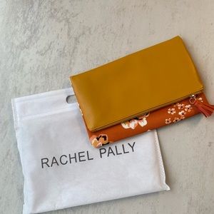 Brand new Rachel Pally orange leather and floral print material evening clutch